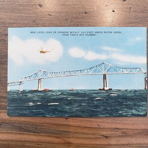 1950s Vintage Postcard Helicopter Skyway Bridge Boat Tampa Bay Florida FL